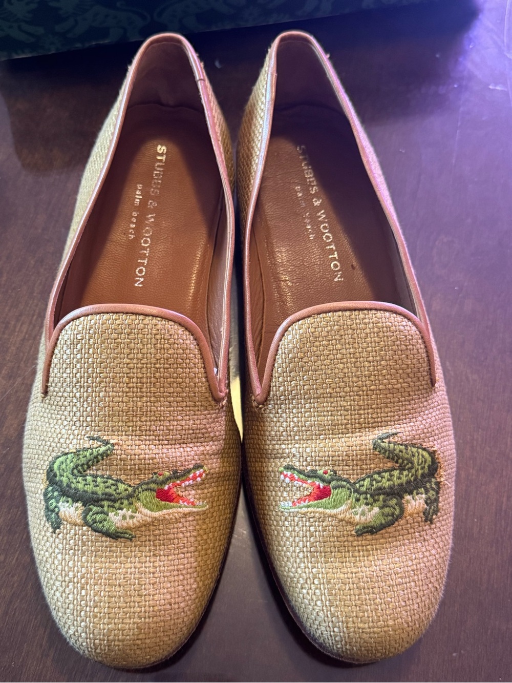 VINTAGE Stubbs and Wootton Embroidered Crocodile Loafers Raffia WITH BOX